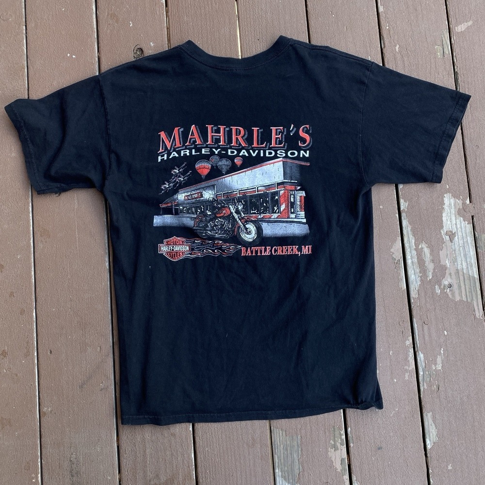 Vintage y2k Mahrle's Harley Davidson Biker Tee Shirt Large Black Battle Creek